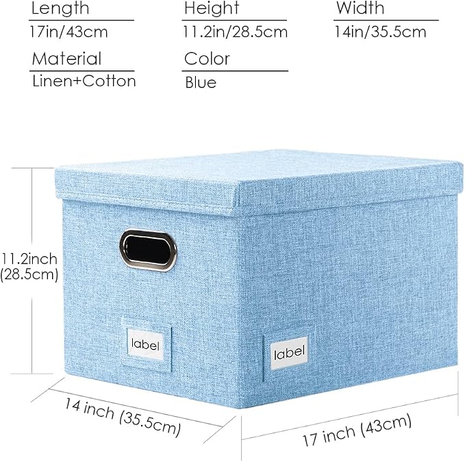 File Organizer Box - Set of 2 Collapsible Decorative Linen Filing Storage with Lids Office Cabinet Letter/Legal Size Blue (17x14x11.2 inch) - Image 6