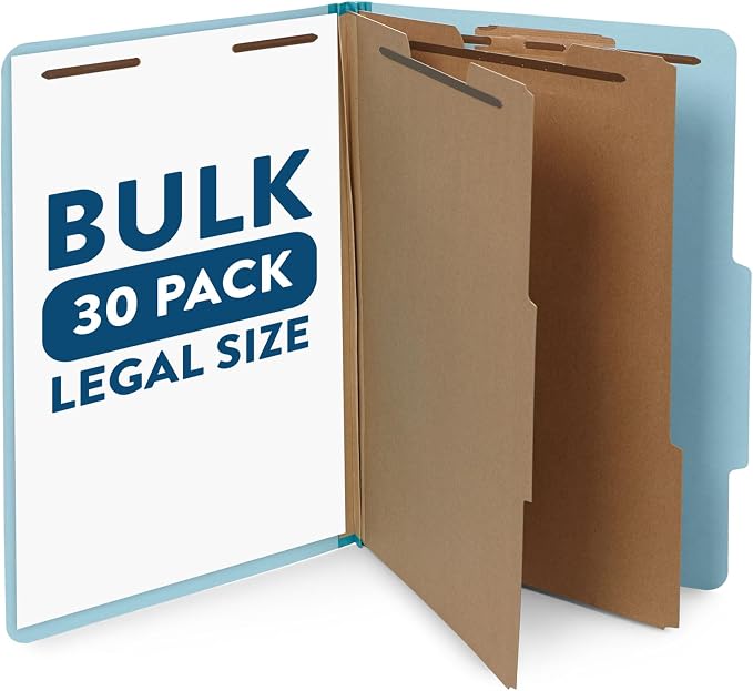 Blue Summit Supplies 30 Light Blue Classification Folders, 2 Divider, Legal | Heavy duty 25pt pressboard, 2 dividers, 6 partitions, 2 in expansion, 2 prong, legal charts, law client files by BlueSummitSupplies
