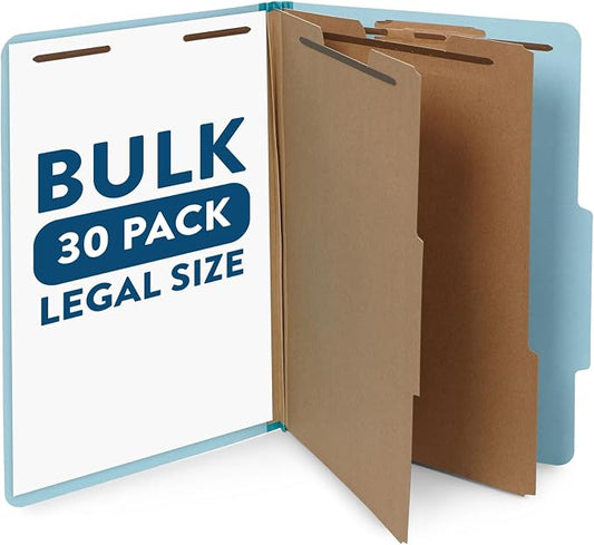 Blue Summit Supplies 30 Light Blue Classification Folders, 2 Divider, Legal | Heavy duty 25pt pressboard, 2 dividers, 6 partitions, 2 in expansion, 2 prong, legal charts, law client files by BlueSummitSupplies