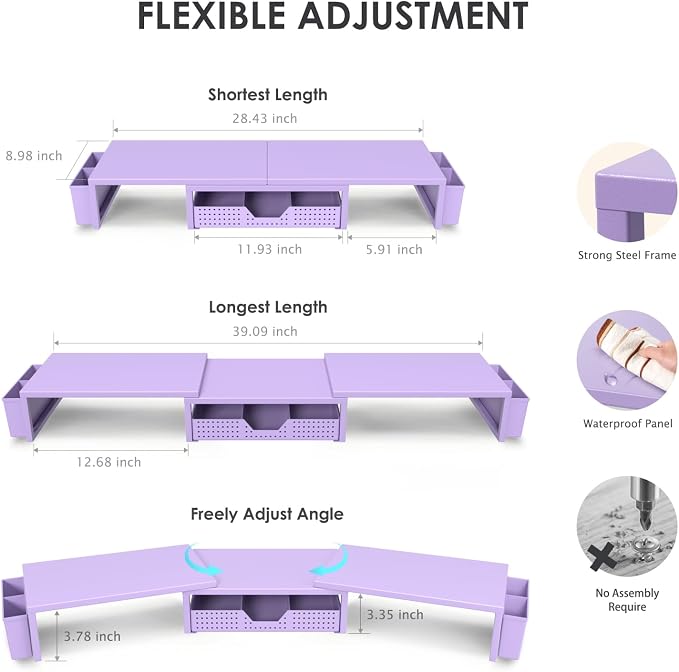 Desk Organizers and Accessories, Dual Monitor Stand Riser with Drawer and 2 Pen Holders, Desk Shelf Computer Racks for Office Workspace Organizers, Desktop Organization (Purple) - Image 3