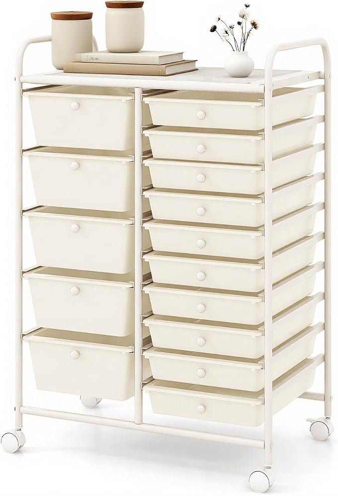 DORTALA 15-Drawer Rolling Storage Cart with Drawers, Rolling Utility Cart w/Removable Drawers & Universal Wheels, Tools Scrapbook Paper Organizer for School, Office, Home, Classroom (Ivory) by DORTALA