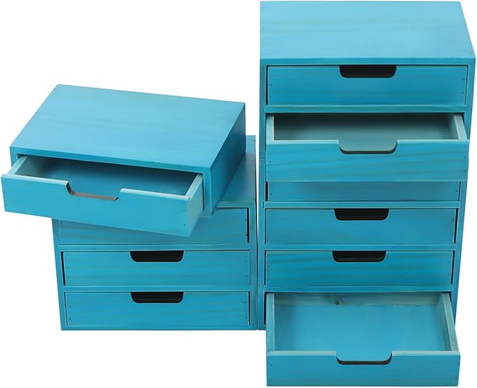 4-Piece Wood Drawer Cabinet Set, Desktop Storage Organizers, 10-Drawer Tabletop Storage Organizer, Desktop Wood Stackable Drawer Cabinet for Home Office Dormitory(Blue) - Image 6