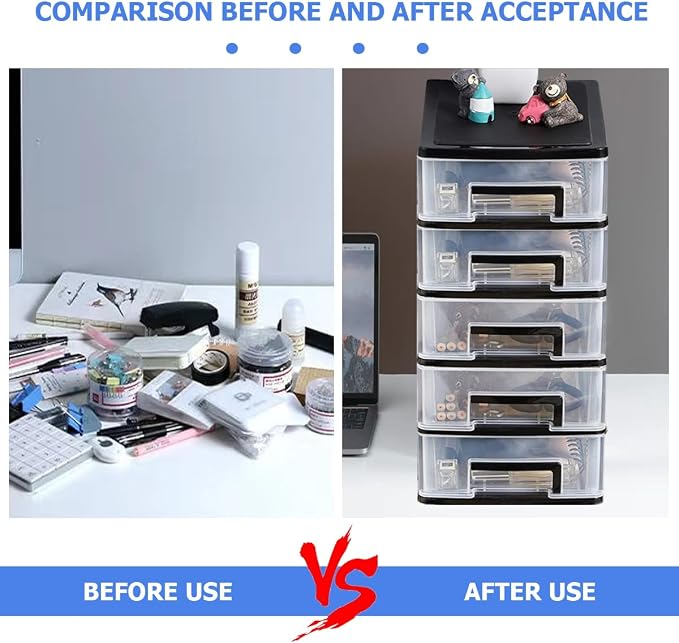Plastic Desk Organizer,Desk Storage Box with 5 Drawers,Cosmetics Jewelry Storage Box Multifunction Storage Rack for Office School Home (Black &Transparent) - Image 6