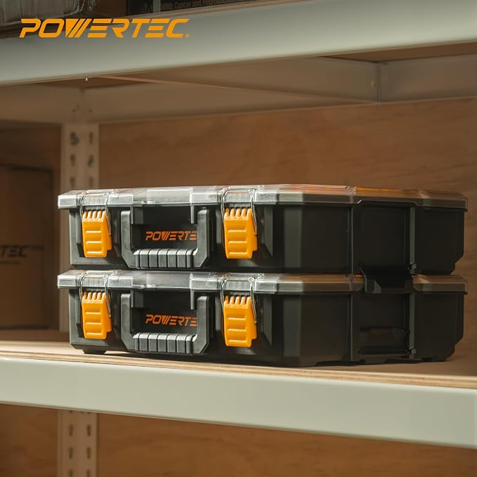POWERTEC Small Parts Organizer & Tool Box – 10 Compartments, IP65 Water & Dust Protection, Stackable Storage with Interlocking Latch, Removable Tray, Clear Lid, Portable Design, 2-Pack (72365-P2) - Image 9