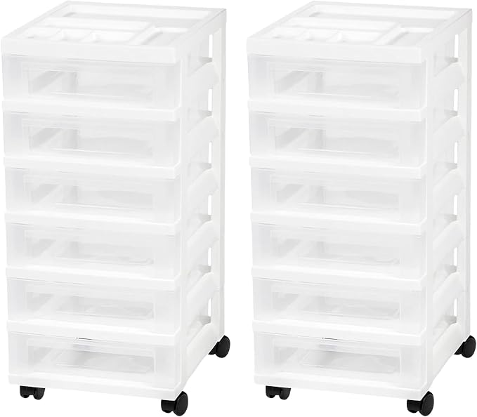 IRIS USA Plastic Drawer Storage Organizer Rolling Cart, 2-Pack, with Wheels Casters, 6-Drawers, for Classroom Art Craft Supplies Dresser Closet Bathroom Laundry Room, White/Clear by IRISUSA
