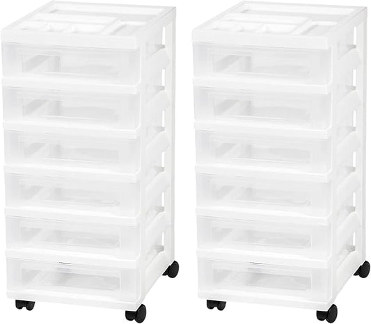 IRIS USA Plastic Drawer Storage Organizer Rolling Cart, 2-Pack, with Wheels Casters, 6-Drawers, for Classroom Art Craft Supplies Dresser Closet Bathroom Laundry Room, White/Clear by IRISUSA