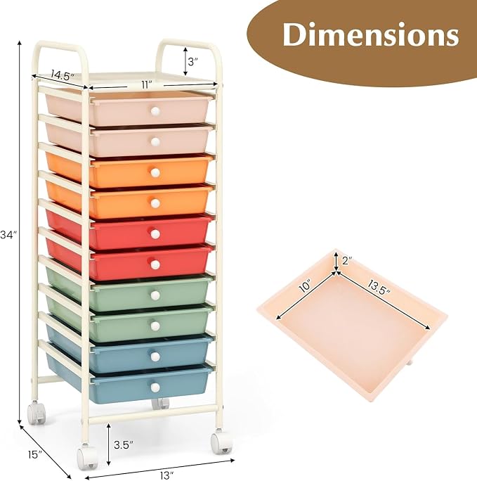 Storage Cart, Rolling Utility Cart with 10 Drawers, Portable Handles & Lockable Wheels, Mobile Paper Toys Storage Organizer Large Capacity for Home Office School Teacher (Macaron) - Image 3