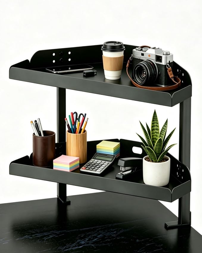 Yuxh Desk Clamp Corner Shelf 16 Inch, Black | Space-saving, clip on or under corner shelf for panel tabletop, office, study room & gaming setup, easy drill-free assembly by Yuxh
