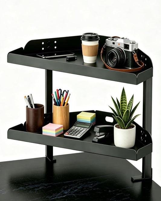Yuxh Desk Clamp Corner Shelf 16 Inch, Black | Space-saving, clip on or under corner shelf for panel tabletop, office, study room & gaming setup, easy drill-free assembly by Yuxh