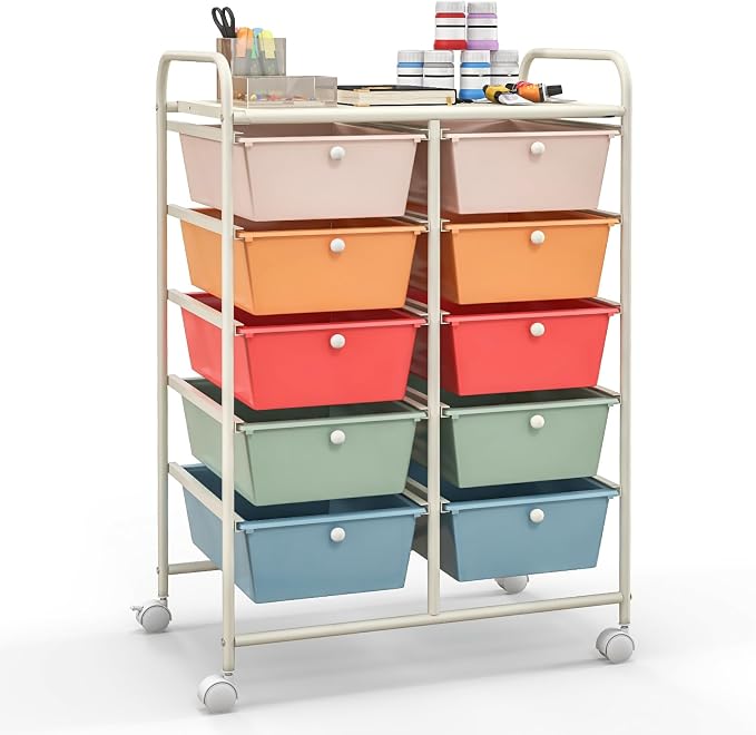 Giantex 10 Drawers Rolling Cart, Classroom Organizers, Storage Cart with Wheels, for Teacher Office Home School Supplies Tool Craft Art Paper, Multicolor by Giantex