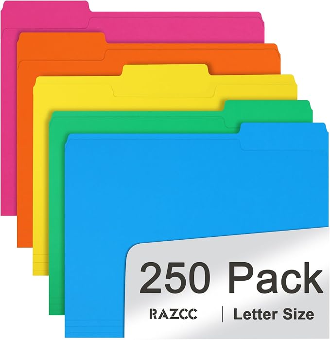 File Folder, RAZCC 250 Pack 1/3 Cut Tab Colored Folders, Colored File Folder Letter Size for Office Classroom Use, Folders with Tabs Assorted 5 Colors by RAZCC
