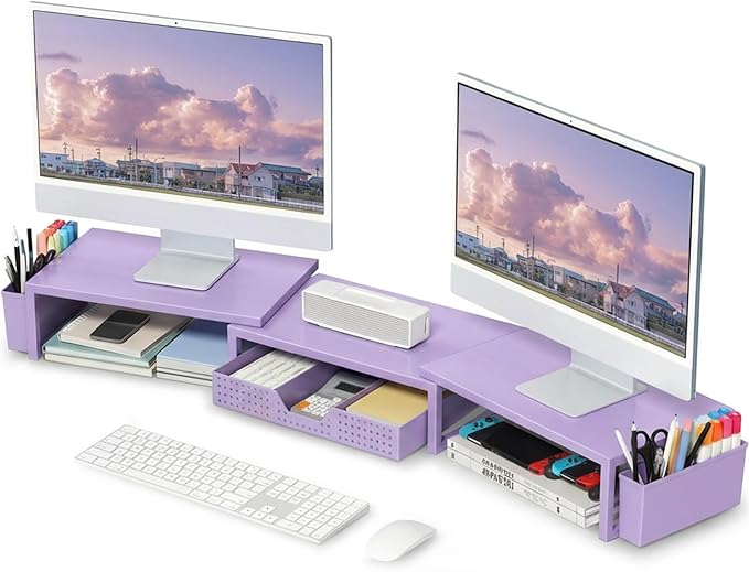 Desk Organizers and Accessories, Dual Monitor Stand Riser with Drawer and 2 Pen Holders, Desk Shelf Computer Racks for Office Workspace Organizers, Desktop Organization (Purple) by OPNICE