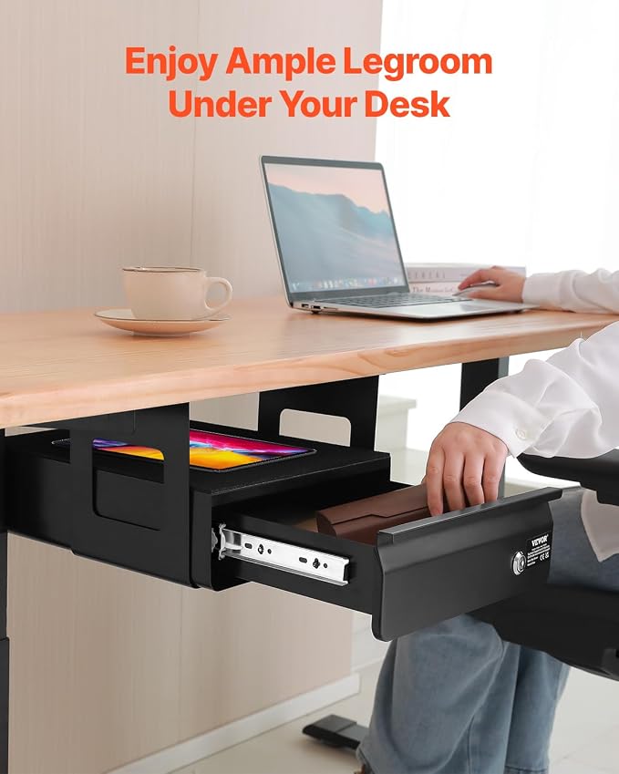 VEVOR Under Desk Lockable Slide Out Drawer, 13 inch Under Desk Pull-out Drawer for Sit Stand Workstation, Secure Under Counter Drawers for Home Office Storage Organizer, Black - Image 4