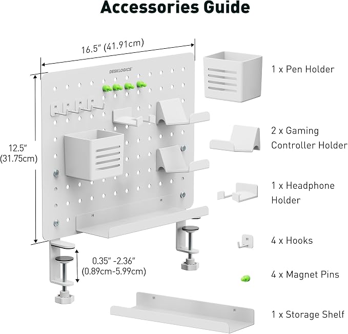 Clamp on Desk Pegboard 16.5"x12.6", White Heavy Duty Steel Desktop Organizer with 4 Magnet Pins, No-Drill Metal Peg Board Mount for Office & Gaming, Horizontal/Vertical - Image 3