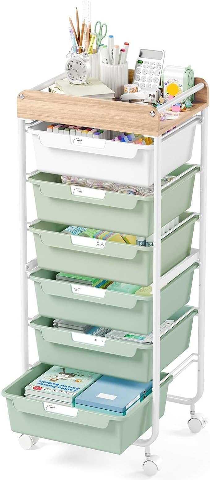 Rolling Craft Storage Cart with 6 Drawers, Art Cart,Green | Utility Cart with Wooden Top, for Craft Room, Kids Art Station, Sewing Storage, Space-Saving for Home Office & Bedroom by APEXCHASER
