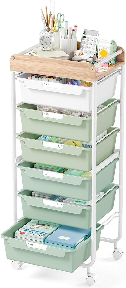 Rolling Craft Storage Cart with 6 Drawers, Art Cart,Green | Utility Cart with Wooden Top, for Craft Room, Kids Art Station, Sewing Storage, Space-Saving for Home Office & Bedroom by APEXCHASER