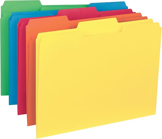 Smead Interior File Folder, 1/3-Cut Tab, Letter Size, Assorted Primary Colors, 100 per Box, Expandable File Folders for Filing Cabinet by SMEAD