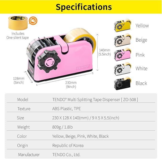 [TENDO°] TENDO Multi-Section Tape Dispenser, Custom Width Tape Cutter with 4 Cutting Sections, Built-in Safety Blade, Ergonomic Grip for Packing and Office Use, ZO-508(Pink) - Image 8
