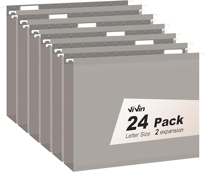 ViVin Hanging File Folders, 1/5-Cut Adjustable Tabs with 24 Per Box, 2 Inch Expansion, 24 Pack Letter Size Hanging File Folders, Designed for Office Home School Filing Cabinet(Gray) by ViVin