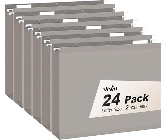 ViVin Hanging File Folders, 1/5-Cut Adjustable Tabs with 24 Per Box, 2 Inch Expansion, 24 Pack Letter Size Hanging File Folders, Designed for Office Home School Filing Cabinet(Gray) by ViVin