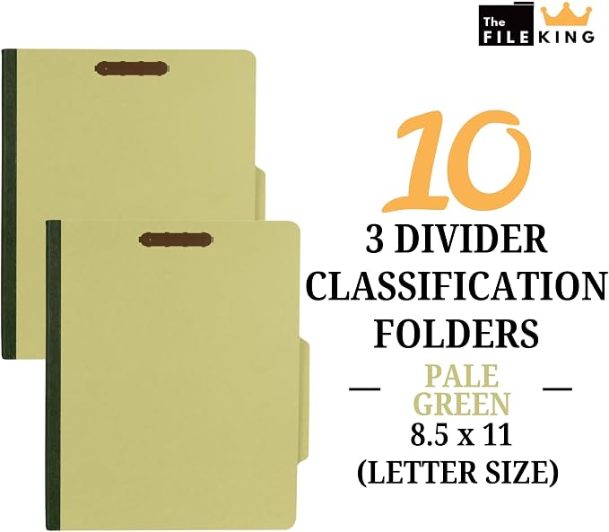 The File King Three Divider Pressboard Classification Pale Green File Folder - Letter Size | Box of 10 | 2/5 ROC Top Tab | 3” Expansion | Eight 2-Inch Fastener Prongs | Made in USA - Image 2