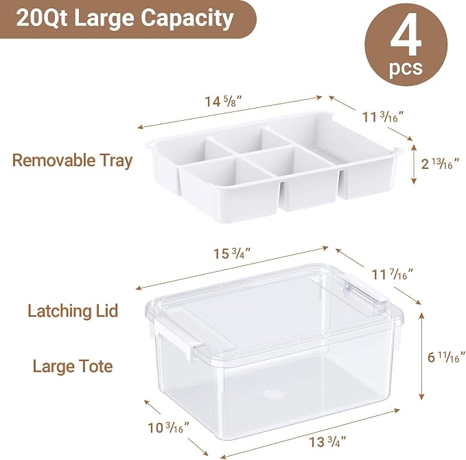 80Qt Stackable Storage Bins with Lids Trays Craft Box Organizers, 4Pack,WH | Clear Plastic Latching Boxes Organizers with Dividers Portable Containers for Arts & Crafts, Home Office Classroom Car Trunk - Image 2