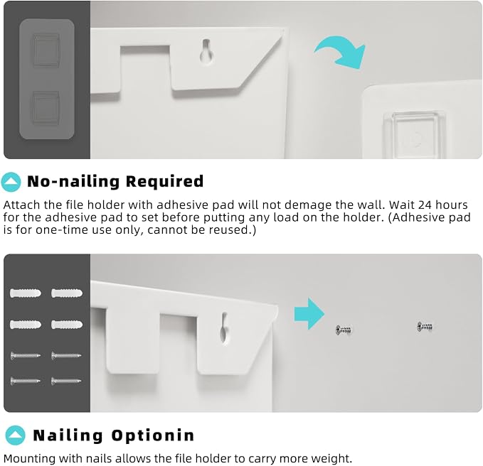 JOMOLA No Drilling File Holder 3 Pack Mail Organizer Wall Mount File Organizer Holder Office Wall Hanging Files Magazines Organizer Plastic Door Mount Wall Pocket with Adhesive Pad, White Color - Image 2