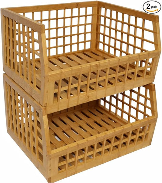 Bamboo Stackable, Open Front, Medium Storage Bins -Lattice Design, 2 Pack by altCooking+Hub