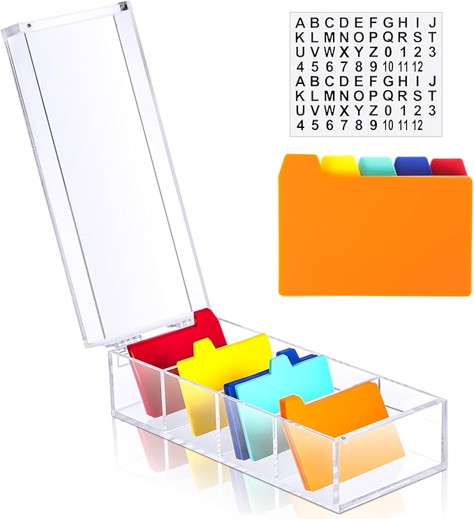 Mooliwe Index Card Holder Clear Acrylic Card Organizer 50 Pcs Divider Sheets for Desk File Note Holders, 4 Compartments Holds 600 Cards(2.2 x 3.5 Inch) by Mooliwe