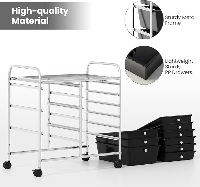 Moccha 9-Drawer Rolling Storage Cart - Under Desk Storage Drawers with wheels for Craft Art Supply Paper Salon, Scrapbook Paper Tools, Mobile Utility Cart for Classroom, Black - Image 6