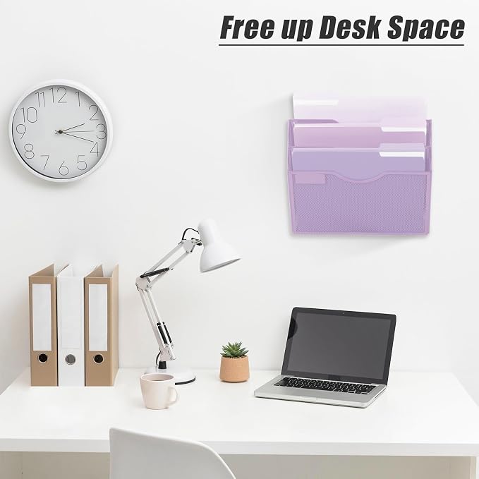 3 Pocket Mesh Hanging Wall File Organizer, Wall Mounted Mail Paper Document Folder Holder, Clipboard Storage Organization Magazine Rack with Nametag Label for Office Home School, Light Purple - Image 3