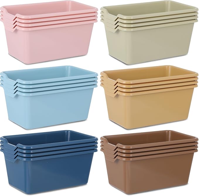 gisgfim 24 Pack Plastic Cubby Bins Classroom Book Bins Scoop Front Stackable Easy-to-Grip Toy Storage Tubs Containers for School Library Office Home Nursery Playroom Organization (Retro Color) by gisgfim