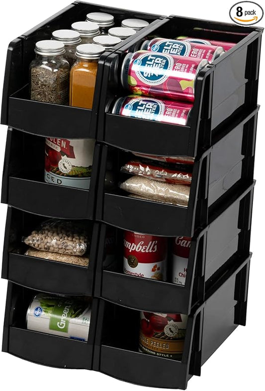 IRIS USA 8-Pack, Medium Stackable Storage Bins, Black | Organize small parts, hardware, craft supplies, pantry items, and household essentials with open-front access, stackable bins by IRISUSA