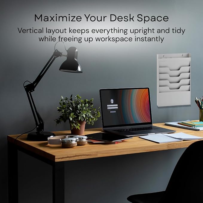4 Tier Wall Mounted File Organizer, Metal Task Rack for Office Documents, Mail & Folders, Space-Saving Office Wall Organizer, Graywhite 19.5”H - Image 5