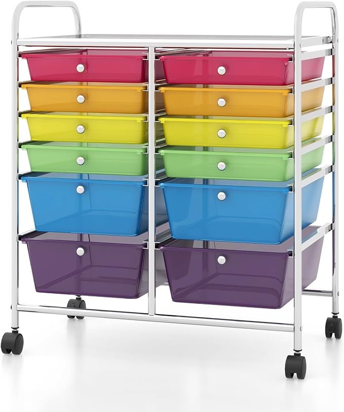 COSTWAY 12-Drawer Rolling Storage Cart, Moveable Art Craft Organizer | Lockable Wheels, Metal Shelf, Files Arrangement Tools Makeup Storage Cart for Office, Home, School (Rainbow) by COSTWAY