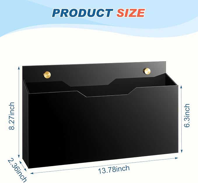 Feifeiya 1 Pack 14"x8.3"x2.4" Black Acrylic Wall File Holder Organizer Wall Mount Magazine Document Brochure Mail Pocket Durable File Storage with 3 Colors Screw Cap for Office Home Waiting Room Use - Image 2