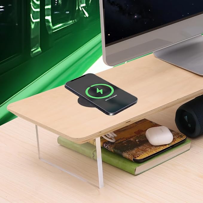 SUIBIAN White Monitor Stand Riser with Wireless Charging 31.5Inch Large, Computer Monitor Stand,Wooden Desktop Organizer Shelf for Office Desk Computer,Laptop,TV (White Oak) - Image 2
