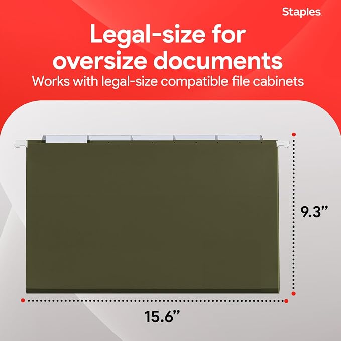 Staples 95% Recycled Hanging File Folder, 1/5-Cut Tab, Legal Size, Standard Green, 50/Box (ST490853/490853) | Reinforced top for durability; organizes documents in standard-size drawers. - Image 3