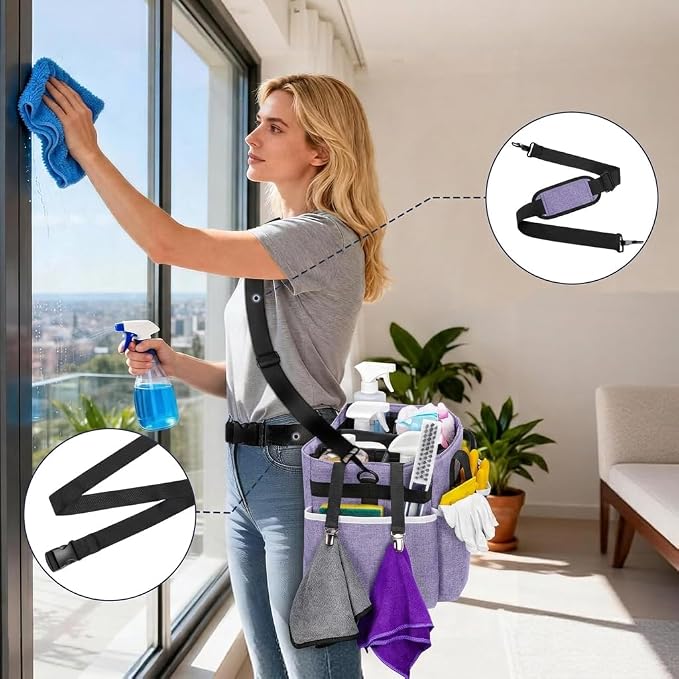 Ytonet Cleaning Caddy, Wearable Cleaning Supplies Organizer with 4 Dividers | Large Cleaning Bag for Cleaning Supplies with Handle and Shoulder Straps, Versatile Cleaning Tote for Housekeepers, Purple - Image 6