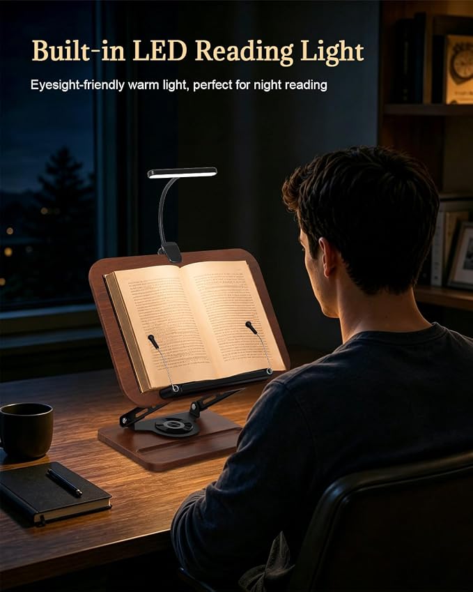 Adjustable Book Stand with Light, Book Holders for Reading Hands Free | Ergonomic Stand for Cookbooks, Bibles, Laptops & Tablets with Page Clips and 360° Rotation - Image 4