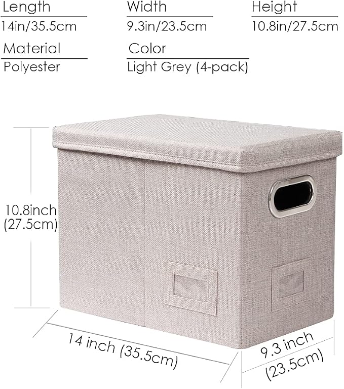 File Organizer Box - Set of 4 Collapsible Decorative Linen Filing Storage Hanging File Folders with Lids Office Cabinet Letter Size Light Grey (14x9.3x10.8 inch) - Image 7