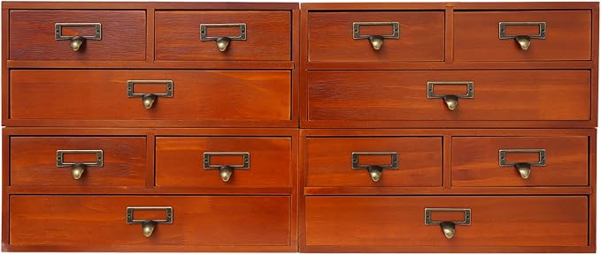 Stackable Wooden Desk Storage Box, 12 Drawers Tabletop Organizer, Brown | 4-Pack Countertop Apothecary Cabinet, Vintage Library Card Catalog Storage Cabinet with Metal Label Handles for Office Home - Image 3