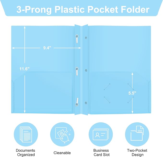 ViVin Heavy Duty 2-Pocket Folders with Brads, Pastel Color, 12-Pack, Durable Plastic Folder with 3-Prong Fasteners, Holds US Letter Size Paper, for School, Home and Office (Light Blue) - Image 2