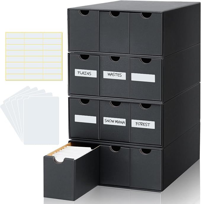 Cholemy Trading Card Storage Box Card Organizer 15000+ with 70 Cardboard Storage Divider, Label Sticker for Collection Compatible with Tcg, Sport Cards(4 Row, 3 in A Row,Black) by Cholemy