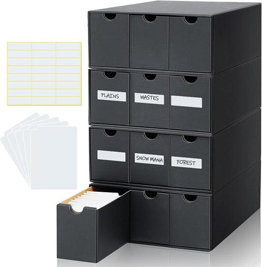 Cholemy Trading Card Storage Box Card Organizer 15000+ with 70 Cardboard Storage Divider, Label Sticker for Collection Compatible with Tcg, Sport Cards(4 Row, 3 in A Row,Black) by Cholemy