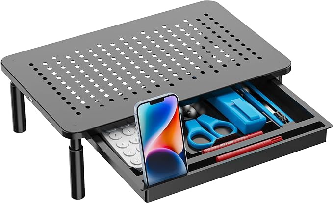 WALI Computer Monitor Stand with Storage, Desk Monitor Riser 3 Height Adjustable, Laptop Riser with Airflow Vents, Desk Organizer for Computer, Laptop, Printer, Notebook (STT003D-B), 1 Pack, Black by WALI