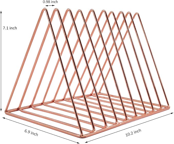 9 Slot Magazine Rack Book Record Holder, Desktop Iron Storage Rack Bookshelf Multifunction Triangle File Organizer Sorter for Decor Home Office, Rose Gold Pack of 2 - Image 4