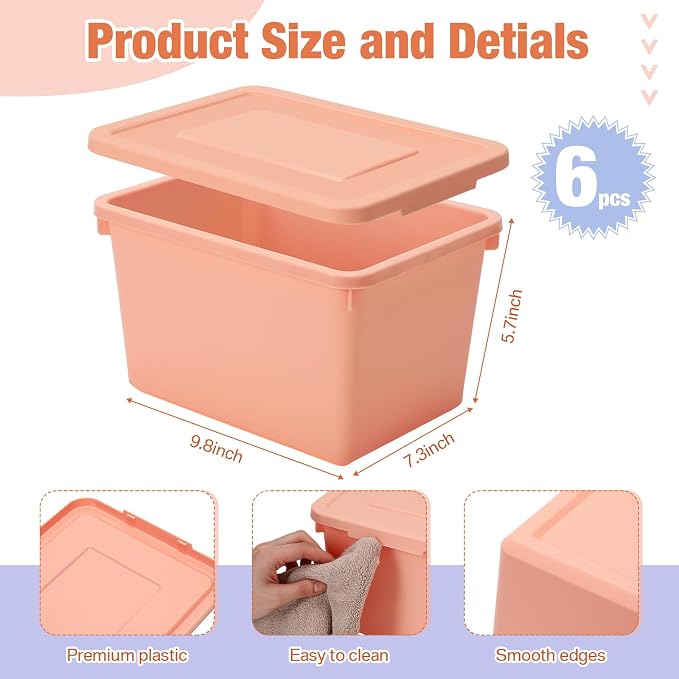 Potchen 6 Pack Small Stackable Storage Bins with Lids Plastic Storage Boxes for Classroom 9.8" ×7.3" ×5.7" Decorative Organizer Bins for Craft Art Office Teacher Supplies (Pink,Purple,Orange) - Image 2
