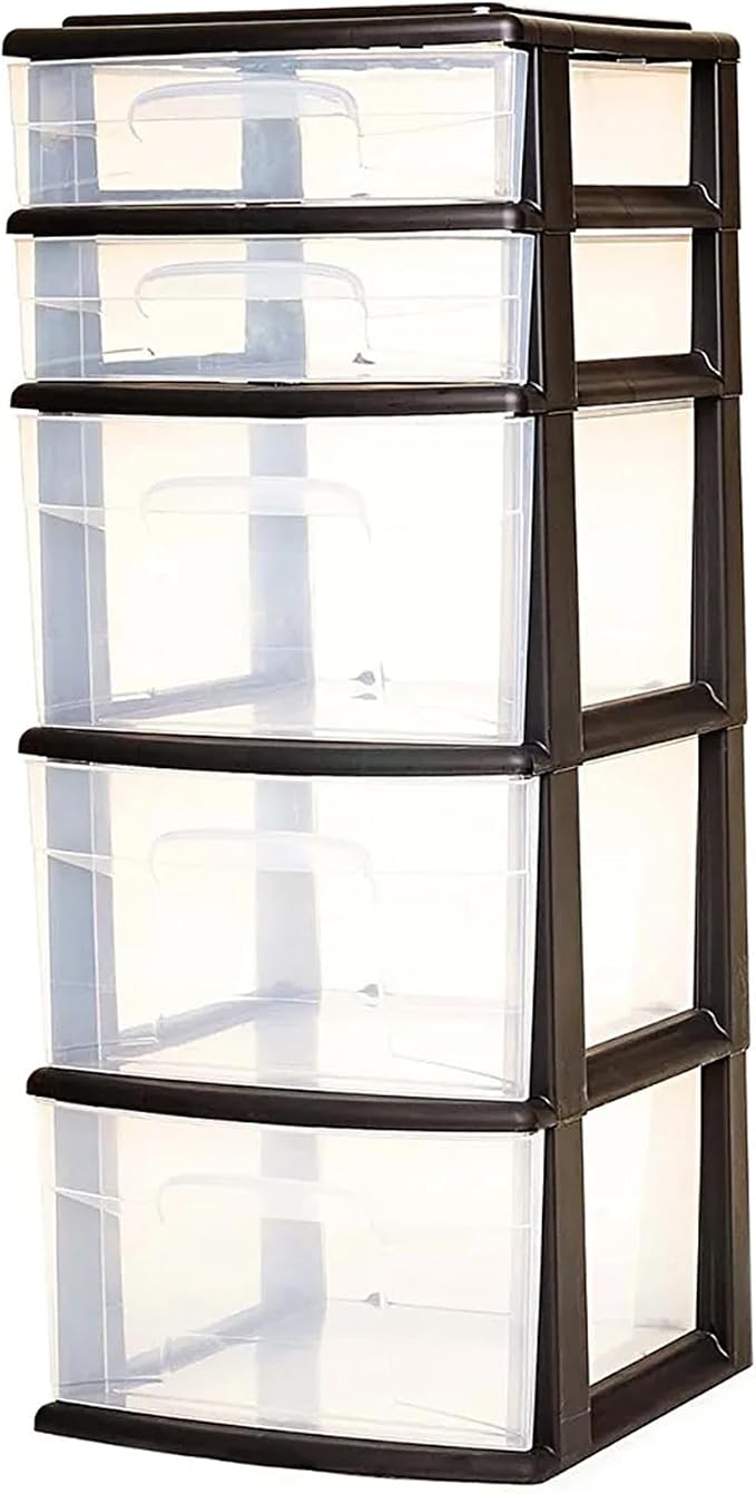 HOMZ Drawer Tower, 5-Tier Storage Organizer Unit, Black Frame | Plastic Organizer with Clear Bin Drawers for Bedroom, Bathroom, Home Office, and Dorm Rooms by Homz