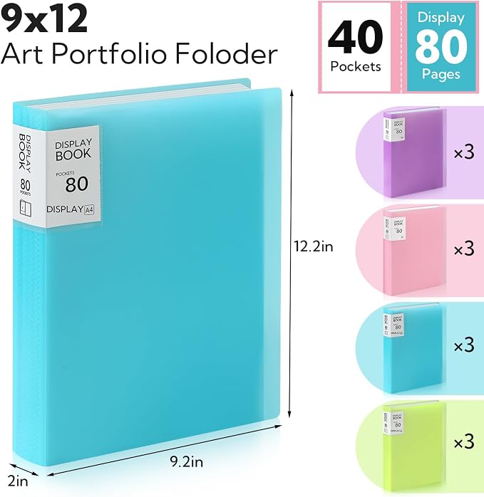 12 Pack Art Portfolios Bulk 9"x12" 40 Pockets Large Portfolio Folder Display 80 Pages - with Clear Sheet Protectors Plastic Sleeves for Artwork Document Organizer Binder Presentation Book （Colorful） - Image 2